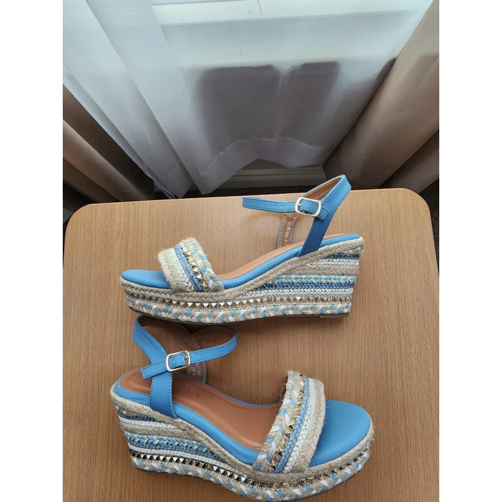 Patrizia Tisch Woven Wedge Light Blue Embellished Espadrille Sandals US 9.5 EU41